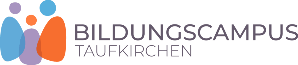 Logo des Bildungscampus Taufkirchen, es besteht aus drei abstrakten Figuren, die in einer Gruppe zusammenstehen und dem Namen Bildungscampus Taufkirchen. Hauptfarben sind Orange, Violet und Hellblau.