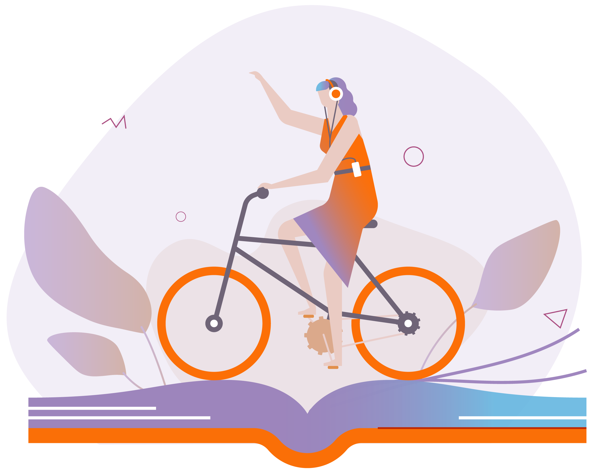 Diese Illustration zeigt eine weibliche Person auf einem Fahrrad. Sie fährt über ein aufgeschlagenes übergroßes Buch. Ein Symbolbild, dass darauf hinweist, dass die Schüler, des Bildungscampus Taufkirchen oft mit dem Fahrrad zur Schule kommen werden.